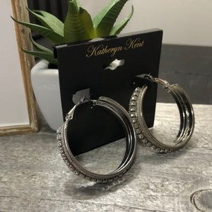 NWT Gorgeous Katheryn Kent Silver Tone, Glitter & Crystals Hoop Pierced Earrings